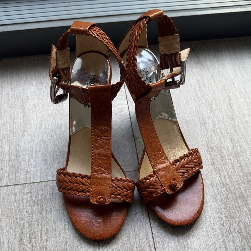 NEW Michael Michael Kors Braided Leather Sandals Brown Size 6.5 Wedge Heels